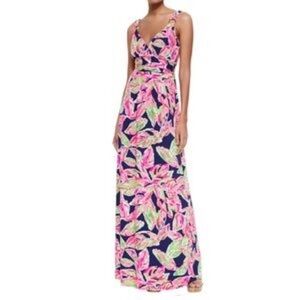 Lilly Pulitzer Pink and Blue Leaf Print Maxi Dress